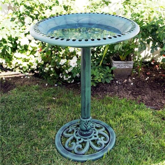 Outdoor Aged Green Pedestal Birdbath with Scrollwork - Picture 2 of 7